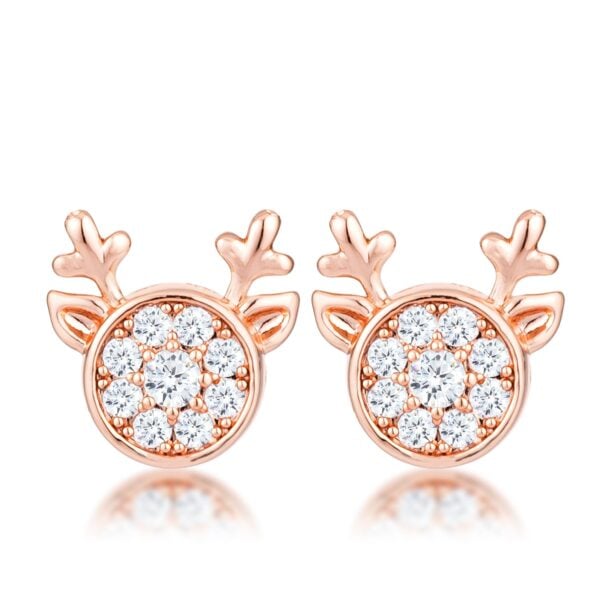 Pair of 18K rose gold plated reindeer-shaped earrings set with clear cubic zirconia stones