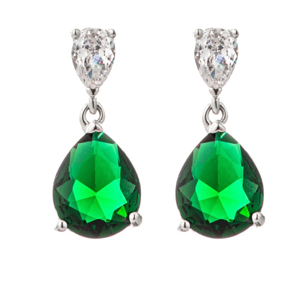 Pair of pear-shaped green cubic zirconia drop earrings with silvertone plated settings