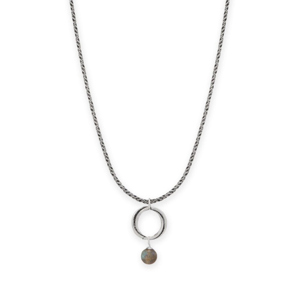 16 Labradorite and Oxidized Rope Ring Drop Necklace