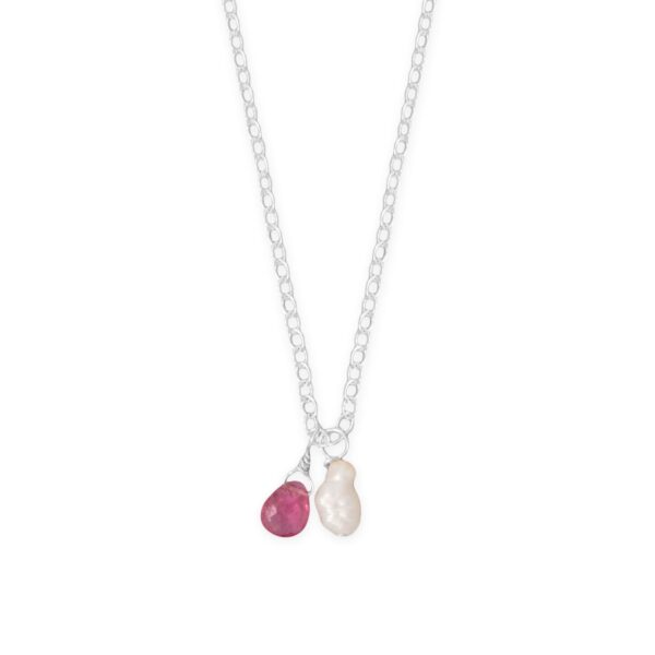 16 + 2 Cultured Freshwater Pearl and Pink Tourmaline Charm Necklace