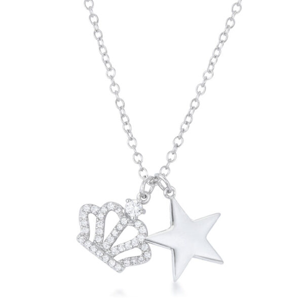 Rhodium plated pendant with a crown charm and a star charm, set with cubic zirconia