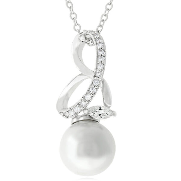 Rhodium plated pendant with a blue cubic zirconia in a prong setting, shown facing forward