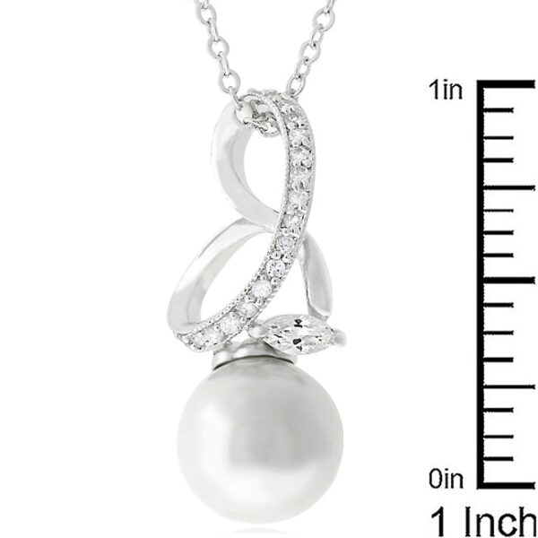 The rhodium plated pendant viewed from an angle that shows its overall shape and bright metal surface