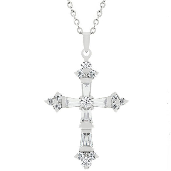 Cross pendant with round 3.3 Mm cubic zirconia in a bar setting on a 16 Inch link chain.