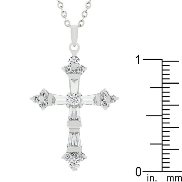 Rhodium plated over lead free alloy (brass) cross pendant on a 16 Inch link chain with 2 Inch Extender and lobster clasp.