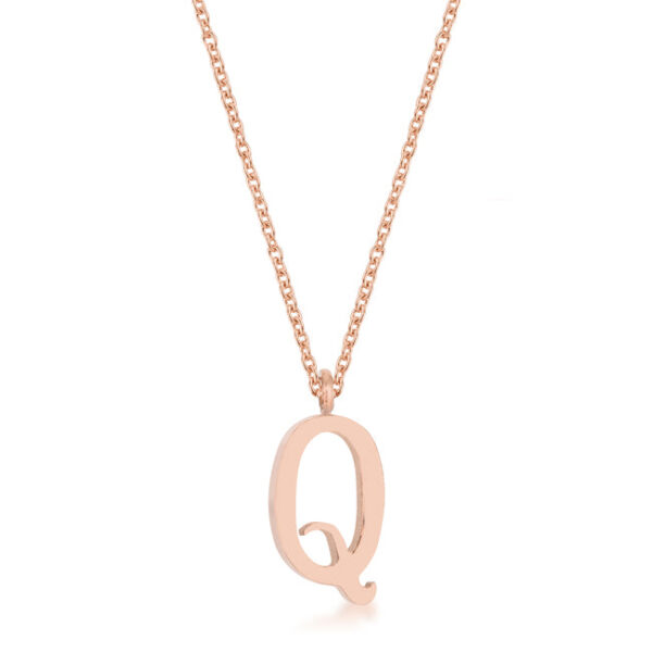 Lower-case Q initial pendant in rose goldtone plated stainless steel on a chain