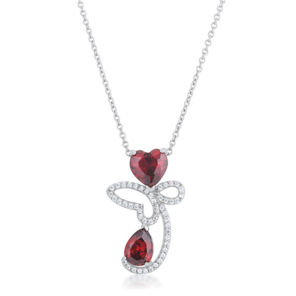 Abstract heart drop necklace in rhodium plated over lead free alloy (brass) with prong-set garnet-colored cubic zirconia.
