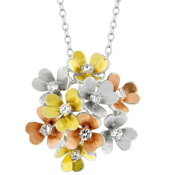 Silvertone floral pendant with round cubic zirconia centers, shown on its link chain