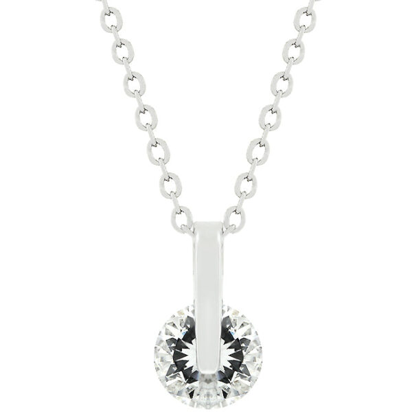 Rhodium plated pendant with a round cubic zirconia held in a tension setting, shown on its chain