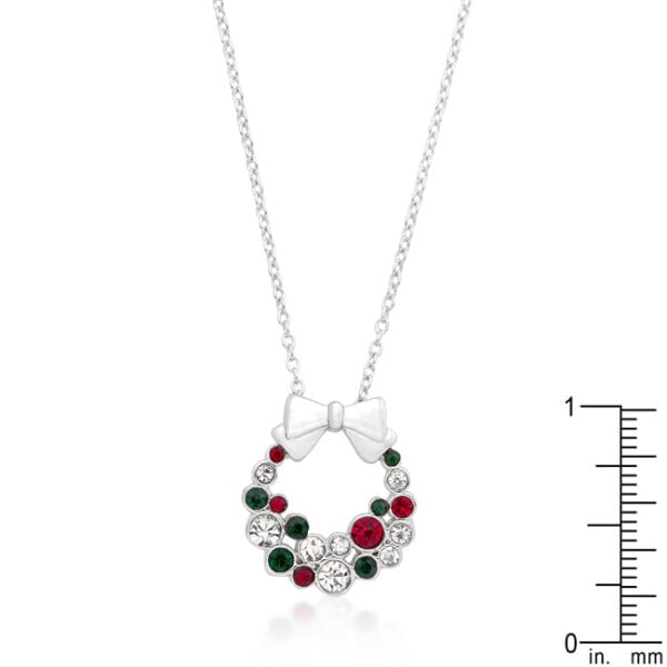 Colored wreath pendant with round crystals in bezel settings and rhodium plated over lead free alloy (brass).