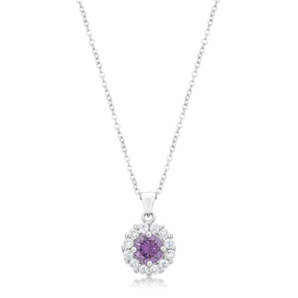 Purple round cubic zirconia pendant in prongs, rhodium plated over lead free alloy (brass), with a 17.5 Inch + 3 Inch Extender chain.