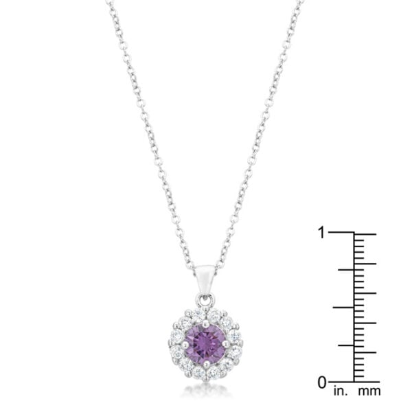 Purple classic pendant with round cubic zirconia in prongs and a 17.5 Inch + 3 Inch Extender chain with lobster clasp.