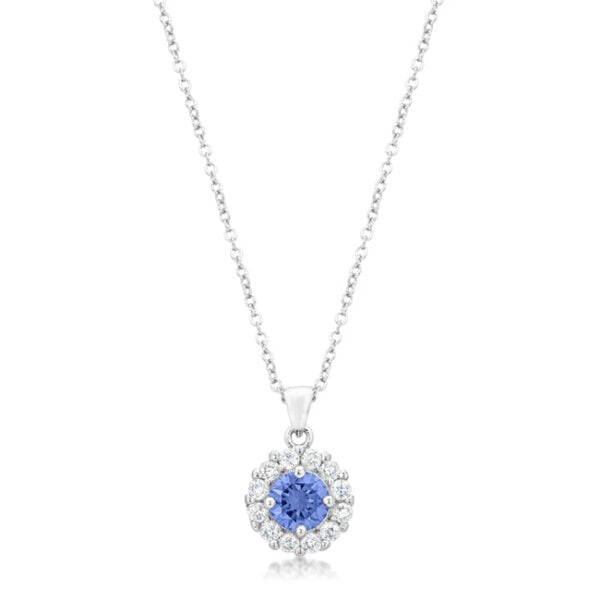 Rhodium plated pendant with a round purple-toned cubic zirconia in a prong setting, on a chain with lobster clasp