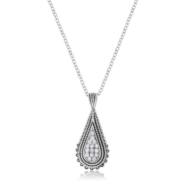 Tear drop pendant necklace with round cubic zirconia, 0.37 ct total weight, rhodium plated over lead free alloy (brass).