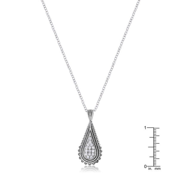 Tear drop pendant necklace in rhodium plated over lead free alloy (brass) with round cubic zirconia.