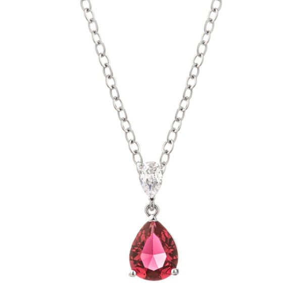 Pear-drop necklace with clear cubic zirconia, rhodium plated over brass, and 5.5 ct total stone weight.