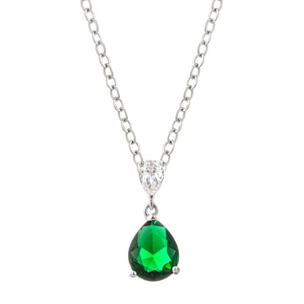 Pear drop necklace with emerald-colored and clear cubic zirconia in rhodium plated over brass.