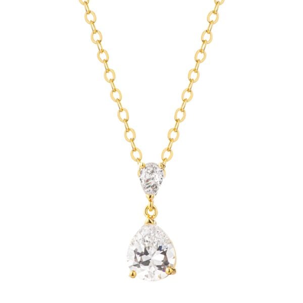 Double pear drop pendant necklace with clear pear-cut cubic zirconia in gold tone over brass