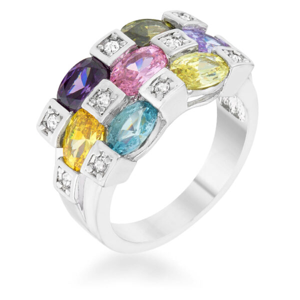 Rhodium plated over lead free alloy (brass) cocktail ring with round multicolor cubic zirconia in bezel settings.