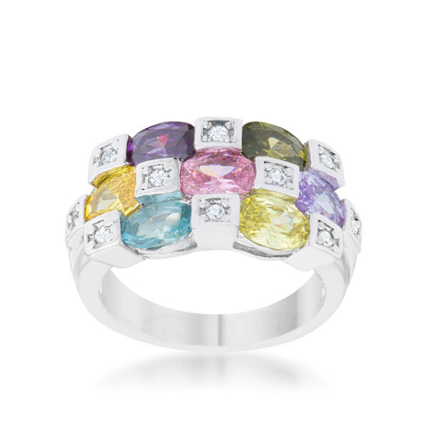Classic cocktail ring in rhodium plated over lead free alloy (brass) with round multicolor cubic zirconia.