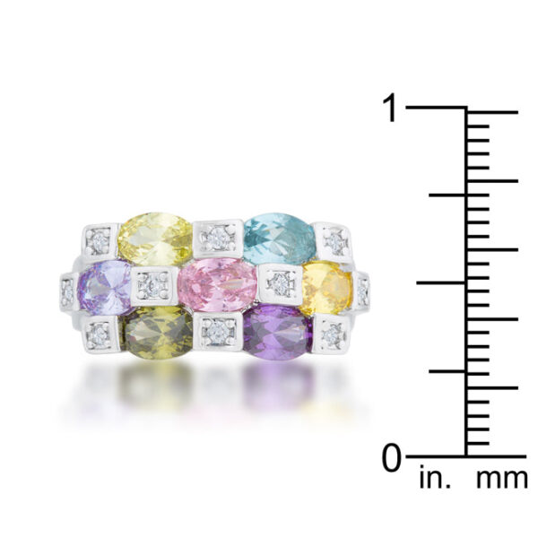 Round multicolor cubic zirconia in bezel settings on a rhodium plated over lead free alloy (brass) ring.