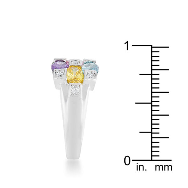 Multicolor cubic zirconia cocktail ring with a 3mm width and rhodium plated over lead free alloy (brass).
