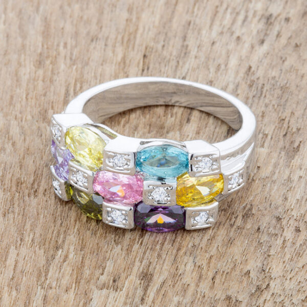 Rhodium plated over lead free alloy (brass) classic cocktail ring with 3.1 ct total carat weight multicolor cubic zirconia.