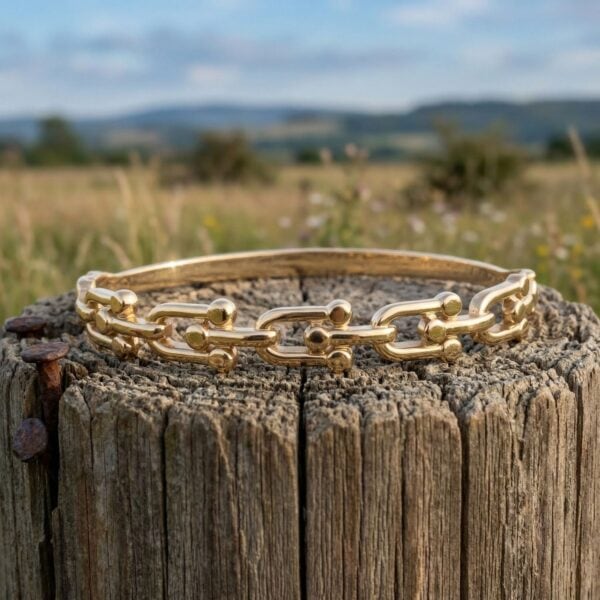 18 Karat Gold PVD Stainless Steel Horse Bit Hinged Bangle Bracelet - alternate view 2