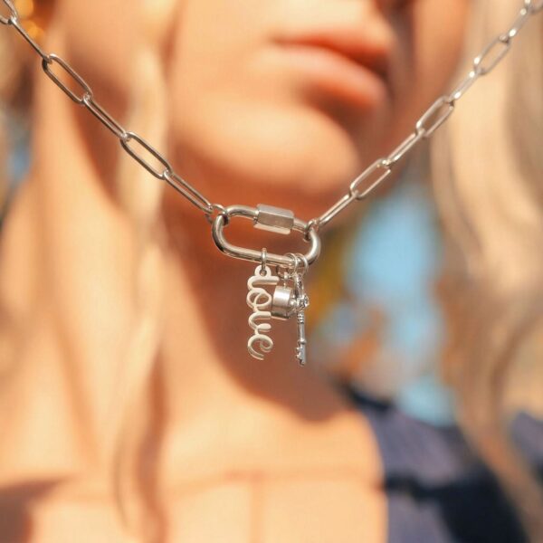 18 + 2 Stainless Steel Carabiner Love Charm Necklace - alternate view 2
