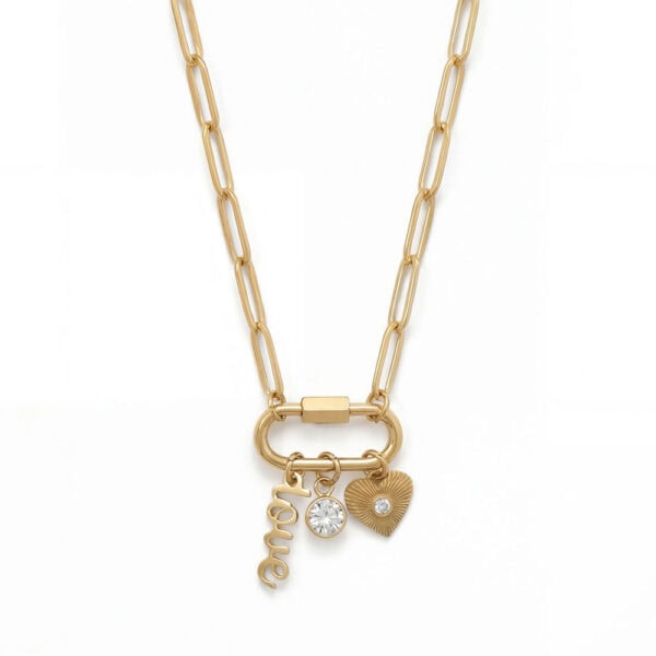 18 + 2 18 Karat Gold PVD Stainless Steel Carabiner Love Charm Necklace