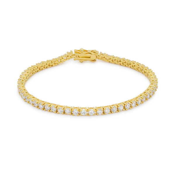 Full length of a goldtone finish plated tennis bracelet lined with round cubic zirconia stones