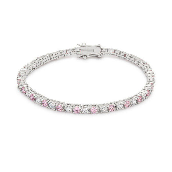 Pink lace tennis bracelet with round cubic zirconia in prong settings and rhodium plated over lead free alloy (brass).
