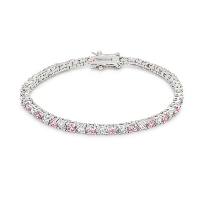 Pink lace tennis bracelet with round cubic zirconia in prong settings and rhodium plated over lead free alloy (brass).