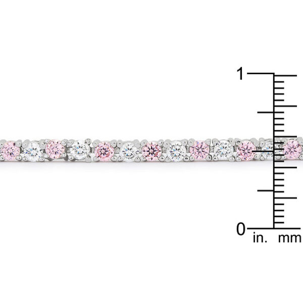 Pink cubic zirconia tennis bracelet with a lock clasp and rhodium plated over lead free alloy (brass).