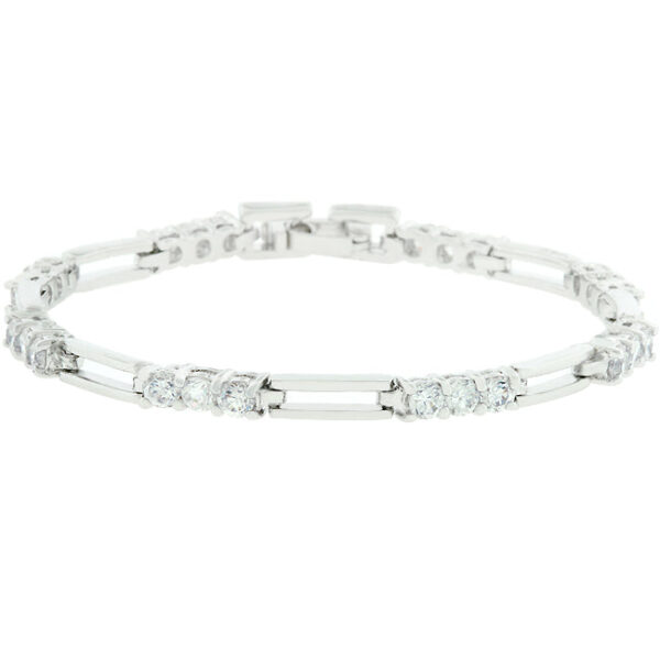 Triplet bracelet with round cubic zirconia in prong settings, rhodium plated over lead free alloy (brass), and a lock clasp