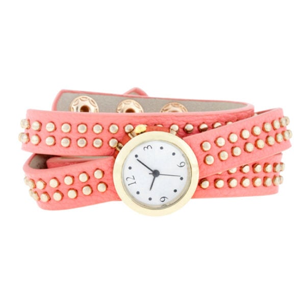 Wrap watch with pink synthetic leather band and multi-color stone accents, shown fully assembled