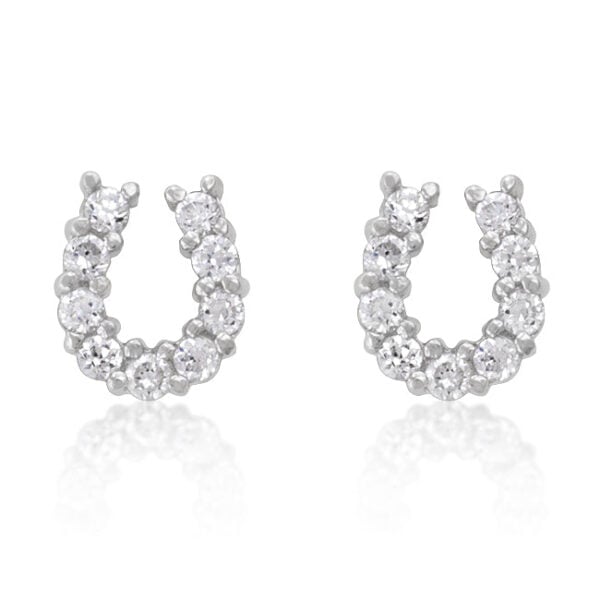 Pair of horseshoe stud earrings with round cubic zirconia in prong settings, rhodium plated over lead free alloy (brass).