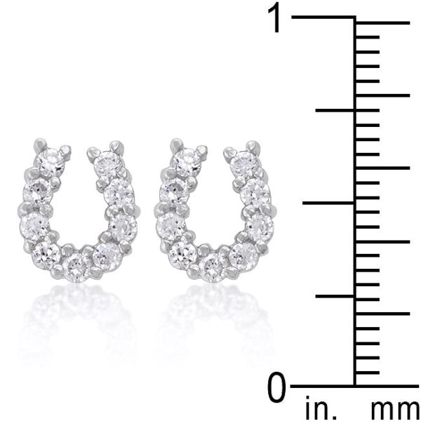 Horseshoe stud earring with round cubic zirconia in prong settings and a Butterfly backing, rhodium plated over lead free alloy (brass).