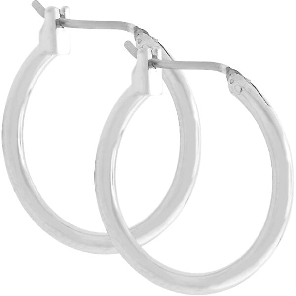 Classic open hoop earrings in silver tone over lead free alloy (brass) with a genuine rhodium finish.