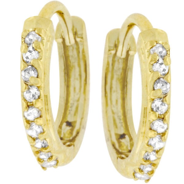 Pair of small goldtone finish plated hoop earrings with round cubic zirconia stones along the edge