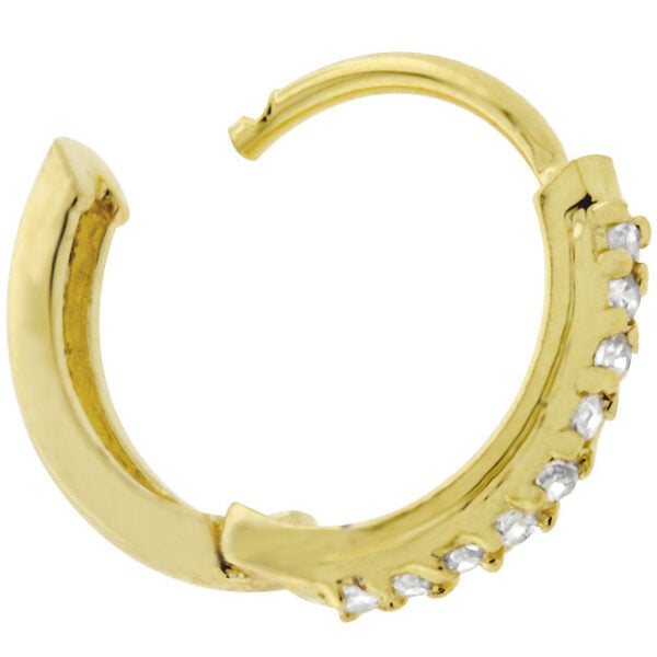 Close-up of one goldtone finish plated hoop earring showing prong-set cubic zirconia stones and hinge closure