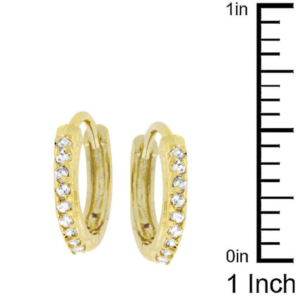 Goldtone finish plated hoop earring shown at an angle displaying the hoop shape and metal finish