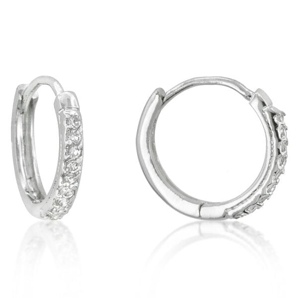 Pair of small rhodium plated hoop earrings with pave-set round cubic zirconia and lever backs