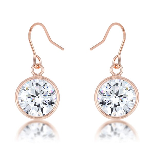 Rose drop earrings with round cubic zirconia, fish hook fastening, and rosegold plated over lead free alloy (brass).