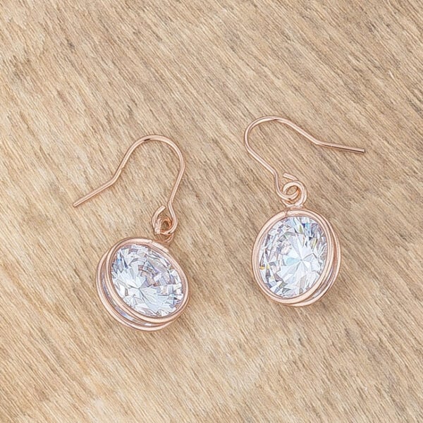 Contemporary rose drop earrings with cubic zirconia and rosegold plated over lead free alloy (brass).
