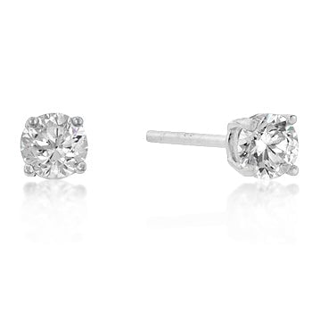 Pair of round cubic zirconia stud earrings with prong settings, rhodium plated over .925 sterling silver, and butterfly backs.