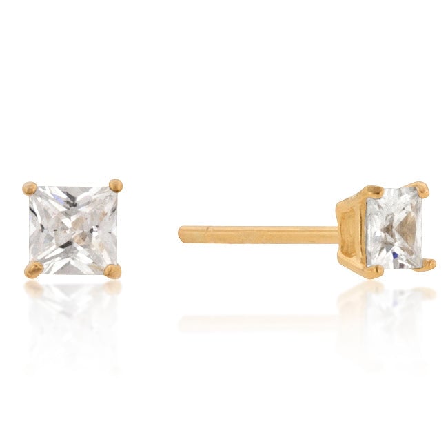 Pair of princess cut cubic zirconia studs with a goldtone finish plated on butterfly backs