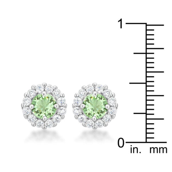 Rhodium plated over lead free alloy (brass) stud earrings with round, prong-set peridot-colored cubic zirconia and Butterfly (post) backings.