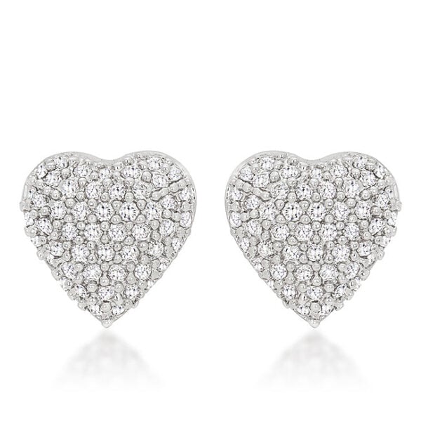 Heart stud earrings with all-clear round cubic zirconia in a pave setting and Post Backing.