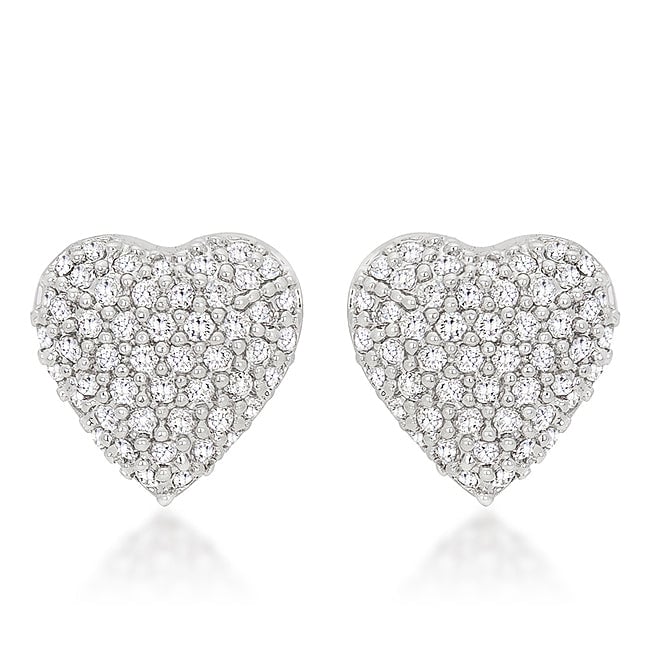 Heart stud earrings with all-clear round cubic zirconia in a pave setting and Post Backing.